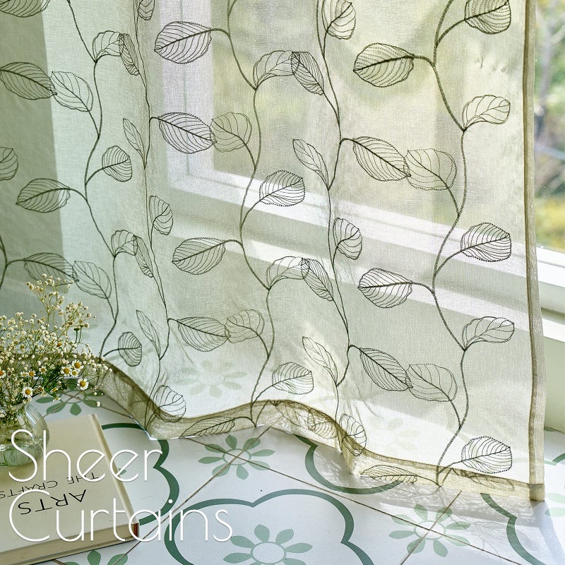 Lazzzy Sage Sheer Curtains Leaf Embroidered 96 Inch Long for Living Room Bedroom Rod Pocket Voile Window Drapes 2 Panels - Image 4
